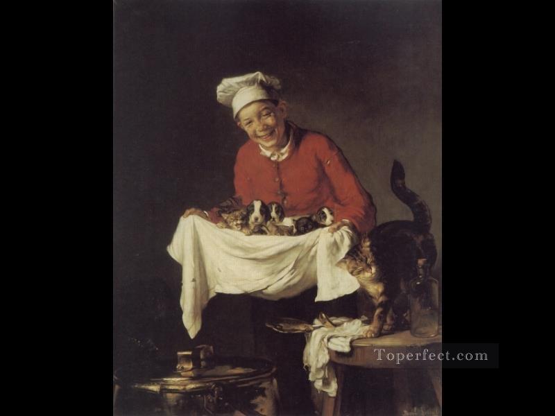 Ein Junge mit Hunde und Kätzchen Joseph Claude Bail Ölgemälde